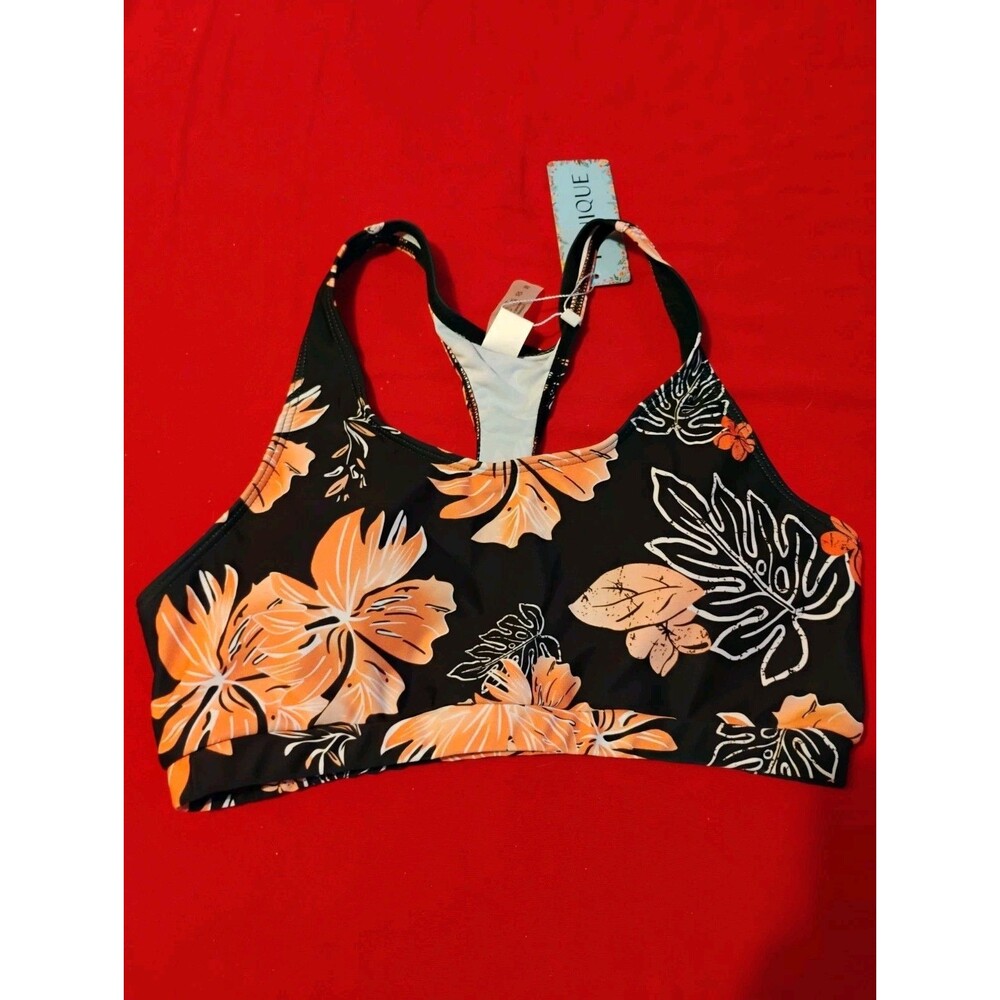 Womens Yonique Black & Peach Floral Print Size Medium Bikini Swim Top